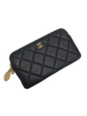 Chanel Coco Mark Quilted Pouch Black Caviar Leather Charm Clutch Bag